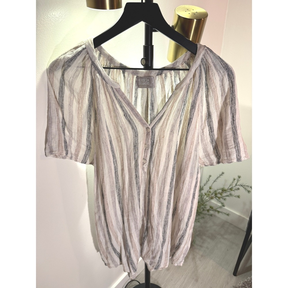 Heroes & Dreamers 2X top vneck striped cooling cotton boxy fit summer boho EUC‎